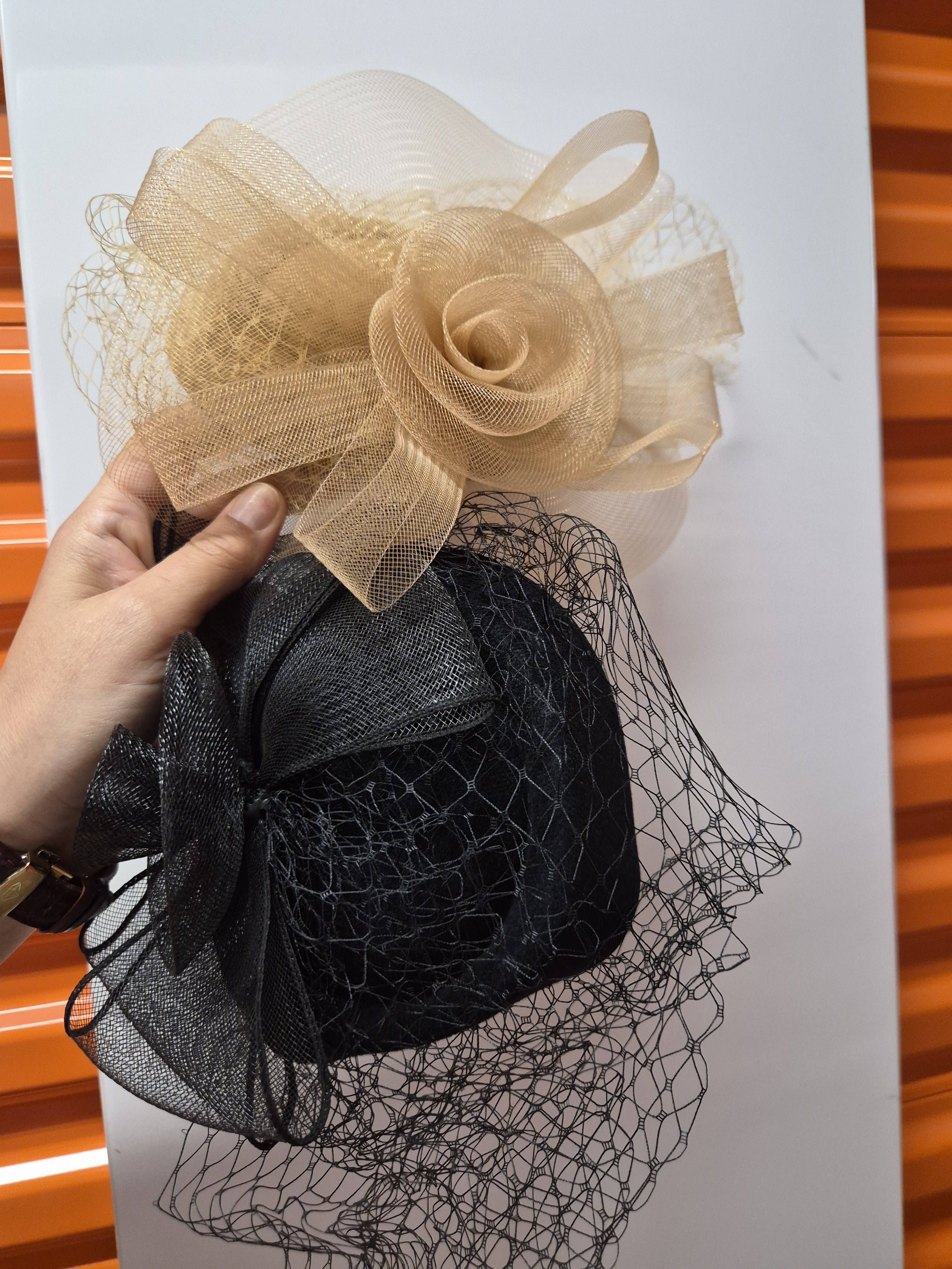 Black And Beige Fascinator Hat Set  Elegant Womens Occasion Headpieces